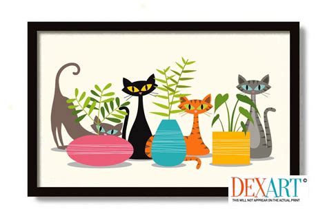 Mid Century Modern Atomic Cat Art Print Monstera Plant Black Cat