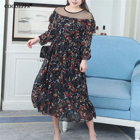 2019 4xl Elegante Boho Floral Impressão Chiffon Vestido Plus Size Moda