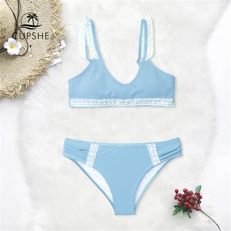 Cupshe Blue Lace Bikini Sets Women Cute Patchwork Two Pieces Swimsuits