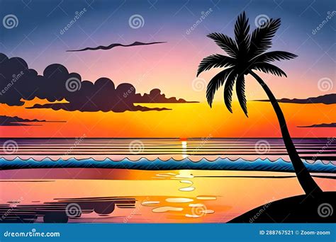 Sea Beach With Palm Tree At Sunset Stock Illustration Illustration Of