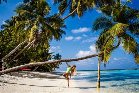 Beautiful Woman In A Bikini On A Palm Tree On The Paradise Beach Of Maldives Sexy Model Posing