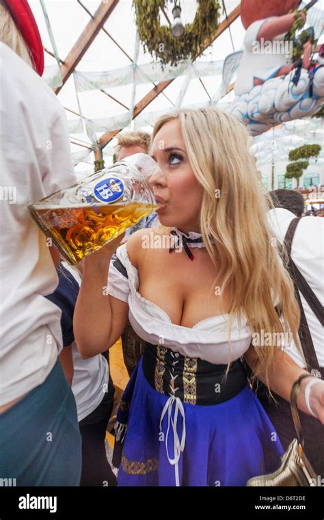 Woman Drinking Beer During Oktoberfest Munich Bavaria Germany Stock