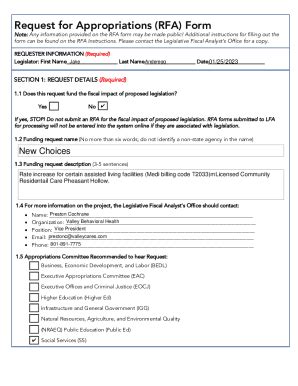 Fillable Online Le Utah Request For Appropriations RFA Form Utah