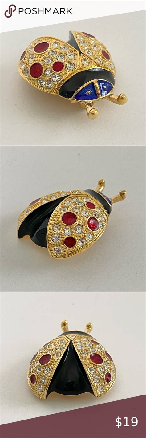 Ladybug Brooch Pin Signed Roman Gold Tone Pave Rhinestone Enamel