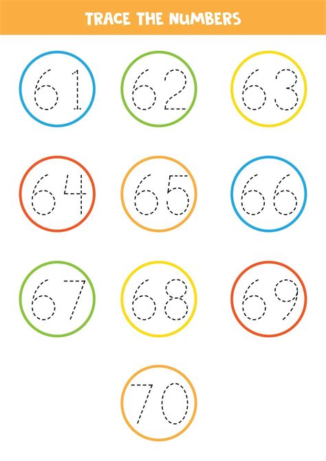 Tracing Numbers From 61 To 70 Writing Practice 6794213 Vector Art At