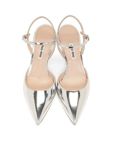 Miu Miu Leather Silver Patent Slingback Heels In Metallic Lyst