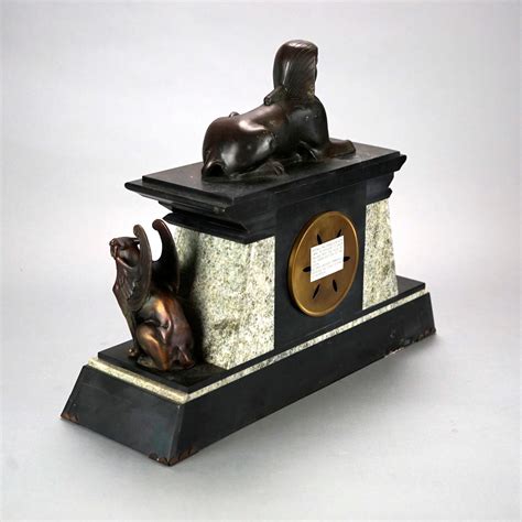 French Figural Egyptian Revival Sphinx Bronze And Slate Mantle Clock