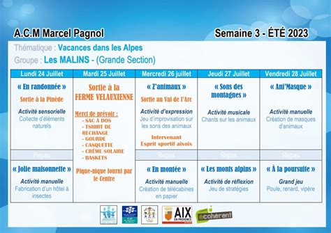 Programme De La Eme Semaine Des Vacances D T Groupe Les