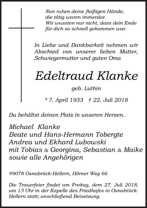 Traueranzeigen Von Edeltraud Klanke Noz Trauerportal