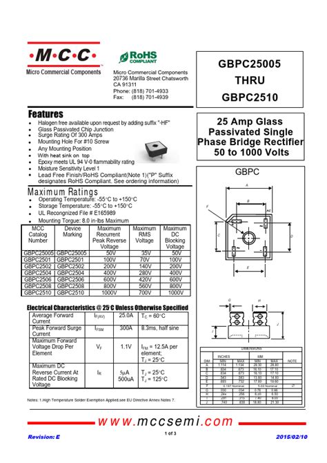 GBPC2501 Datasheet 25 Glass Passivated Single Phase Bridge Rectifier