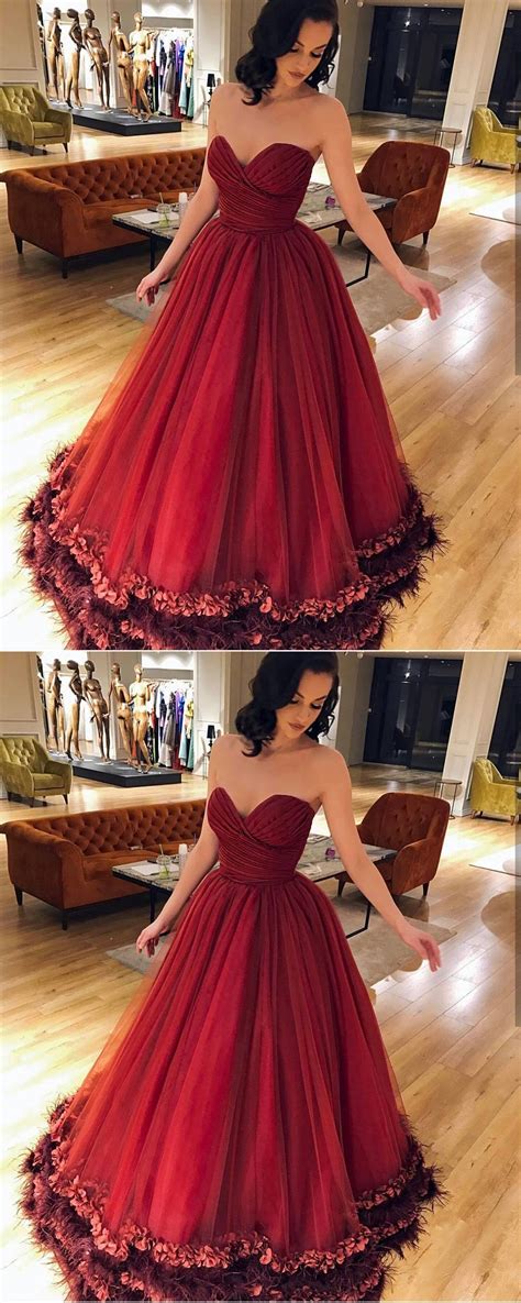 Burgundy Tulle Ruched Sweetheart Prom Ball Gowns Dresses Long D Floral