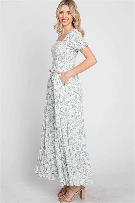 Ivory Floral Smocked Tiered Maxi Dress Pinkblush