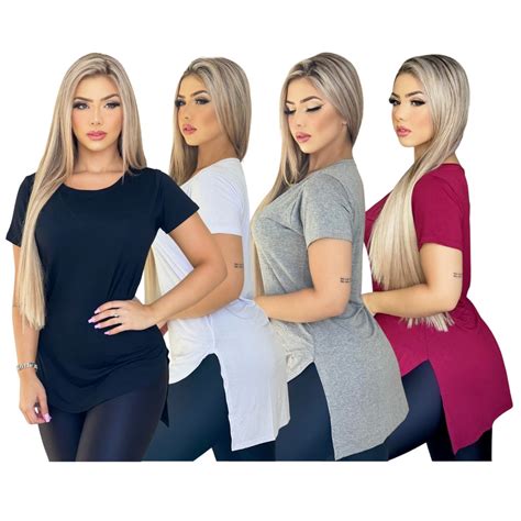 Kit Blusinha Feminina Long Line Camiseta Academia Lisa Blusa