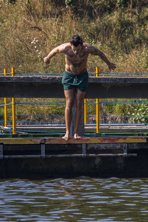 Shirtless Harry Styles Shows Off Abs During Swim In London