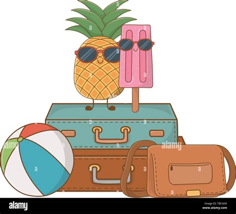 Summer Pineapple And Ice Cream With Sunglasses And Luggage Cartoons Vector Illustration Graphic