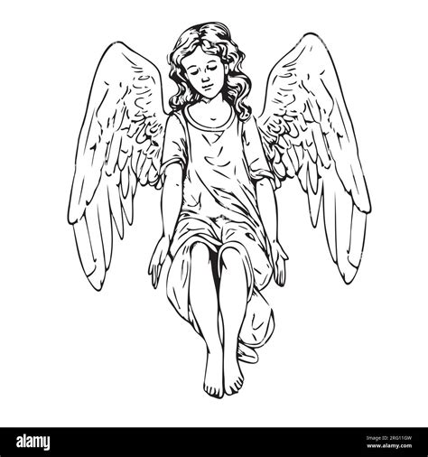 Cute Girl With Wings Sitting Sketch Hand Drawn In Doodle Style