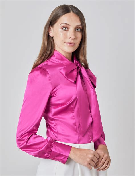 Plain Satin Women S Fitted Blouse With Single Cuff And Pussy Bow In