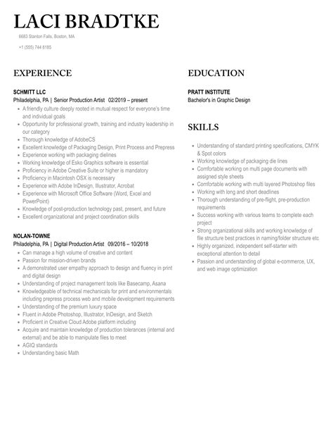 Production Artist Resume Samples | Velvet Jobs