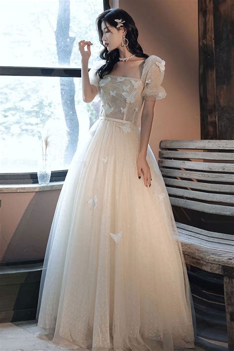 Champagne Tulle Applique Long Prom Dress Tulle Formal Dress Dresstby