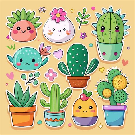 Set Of Cute Cartoon Potted Plants With Happy Faces Premium Ai