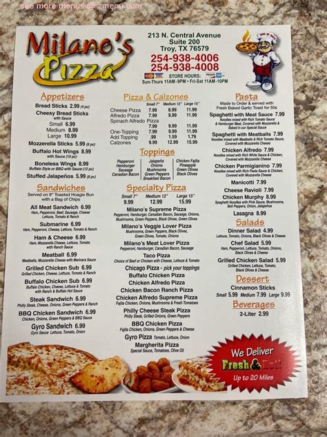 Menu At Milano S Pizza Restaurant Troy