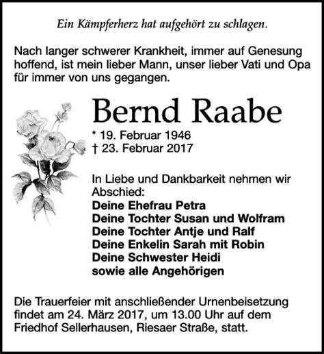 Traueranzeigen Von Bernd Raabe Trauer Anzeigen De