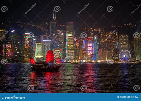 Red Sail Chinese Junk Boat At Victoria Harbour Hong Kong Editorial