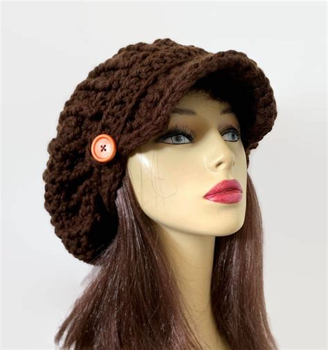 Brown Slouch Newsboy Hat With Buttons Crochet Dreadlocks Hat With Visor