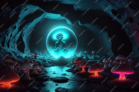 Premium Ai Image A Glowing Orb In A Cave With A Blue Light And A