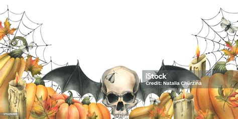 Human Skull With Bat Wings Orange Pumpkins Cobwebs Candles And Autumn Maple Leaves Hand Drawn