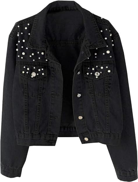 Kedera Women Oversized Denim Jacket Embroidered Pearls Beading Jeans