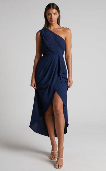 Namaari Midaxi Dress - Faux Wrap One Shoulder Dress in Navy | Showpo USA