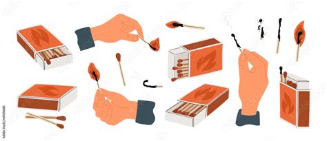 Cartoon Matchsticks And Open Boxes Hands Lighting Matches Charred And