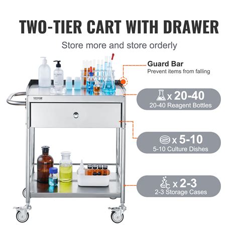 Vevor Tier Stainless Steel Cart Mobile Lab Utility Cart With A Drawer