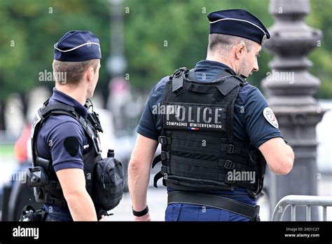 Paris, France. 12th June, 2024. Police officers with uniform ensuring ...