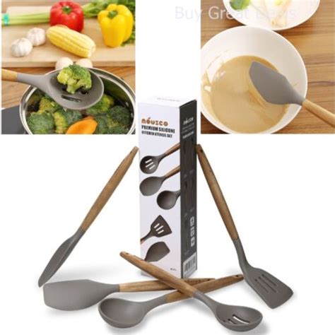 New Natural Acacia Hard Wood Handle Silicone Cooking Utensil Set 5 Pieces Ebay