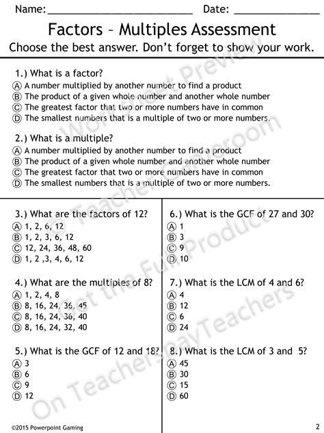 Factors And Multiples Worksheet For Class 5