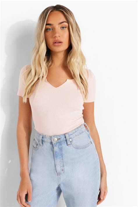 Nude Short Sleeve Notch Bodysuit Boohoo Uk