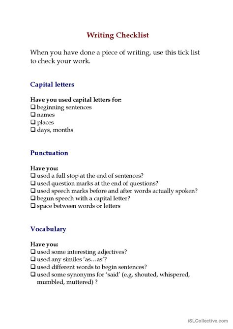 Writing Checklist English Esl Worksheets Pdf And Doc