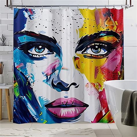 Vibrant Acrylic Portrait Shower Curtain Colorful Face Art On White Background Bathroom Decor