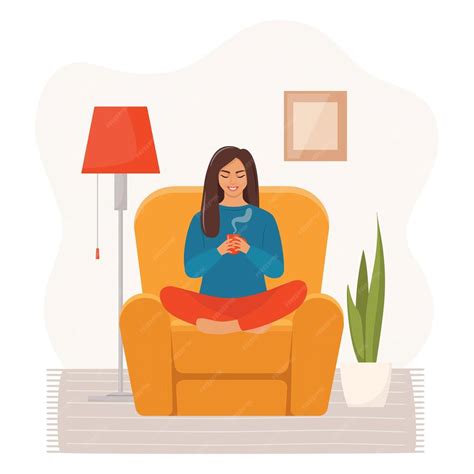 Premium Vector Stay At Home Young Woman Sitting In Armchair In A Lotus Pose And Holds A Mug Of