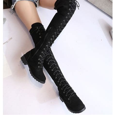 Women S Thigh High Combat Boots Low Heel Lace Up Tall Boots Black US10