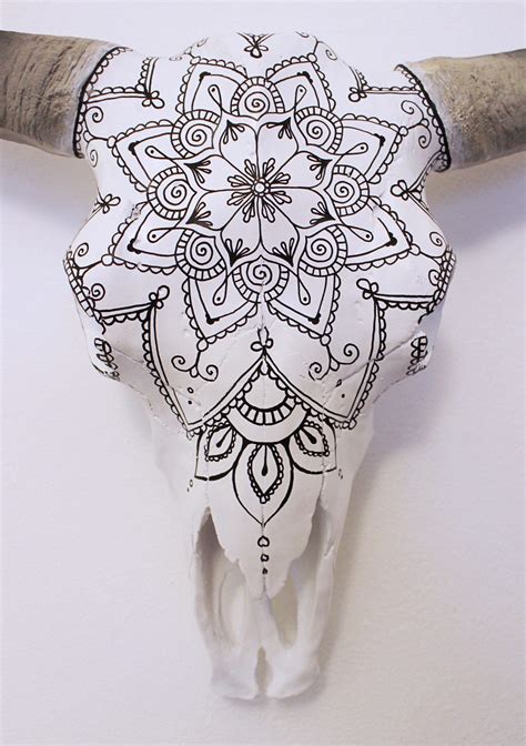 Beautiful Hand Painted Faux Cow Skull With Black Mandala 3 Etsy