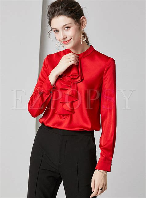 Tops Blouses Solid Color Mock Collar Falbala Pullover Silk Blouse