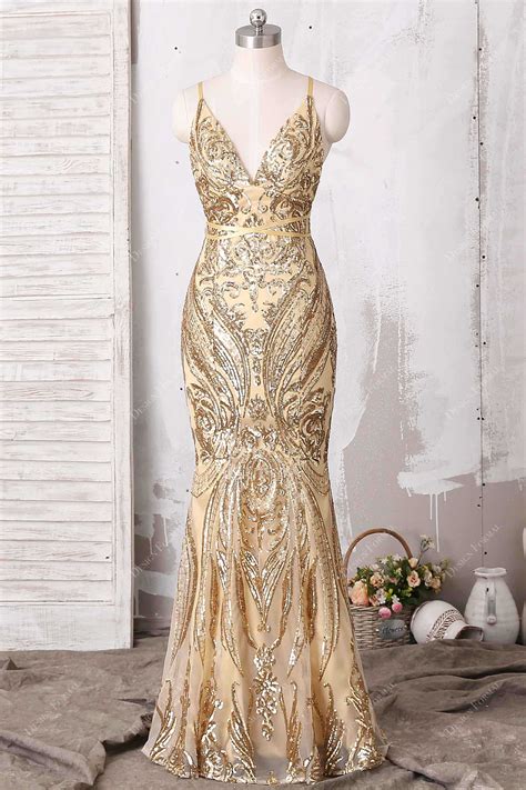 Gold Unique Sequin Spaghetti Straps Sexy Open Back Mermaid Prom Dress