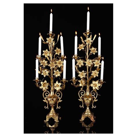 Pareja De Candelabros De Iglesia Franceses En Bronce Dorado 72 Cms