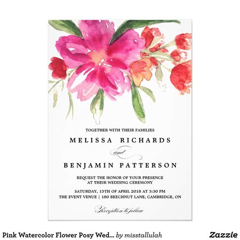 Pink Watercolor Flower Posy Wedding Invitation Watercolor Wedding Invitations