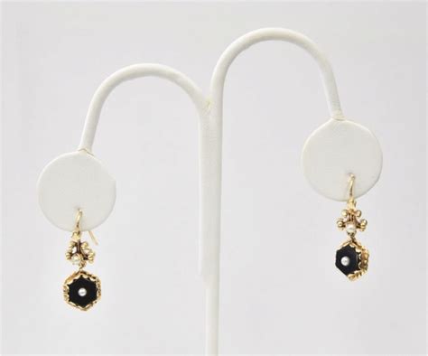 Pr 14kt Onyx And Seed Pearl Earrings