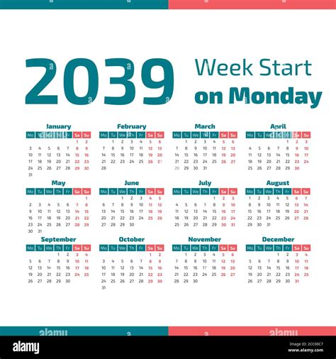 2039 Calendar With The Weeks Start On Monday Stock Vector Image Art