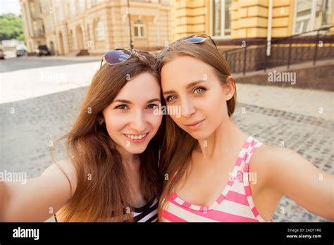 Friends Making Selfie Two Beautiful Young Women Making Selfie And